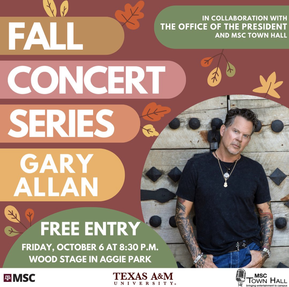 TAMUDSA's tweet image. Howdy Aggies! We are excited to announce that MSC Town Hall is bringing Gary Allan to College Station on Oct. 6! He will be performing a FREE concert at Wood Stage in Aggie Park at 8:30 p.m., right before Midnight Yell. You won’t want to miss this! @msctownhall @MSCPrograms