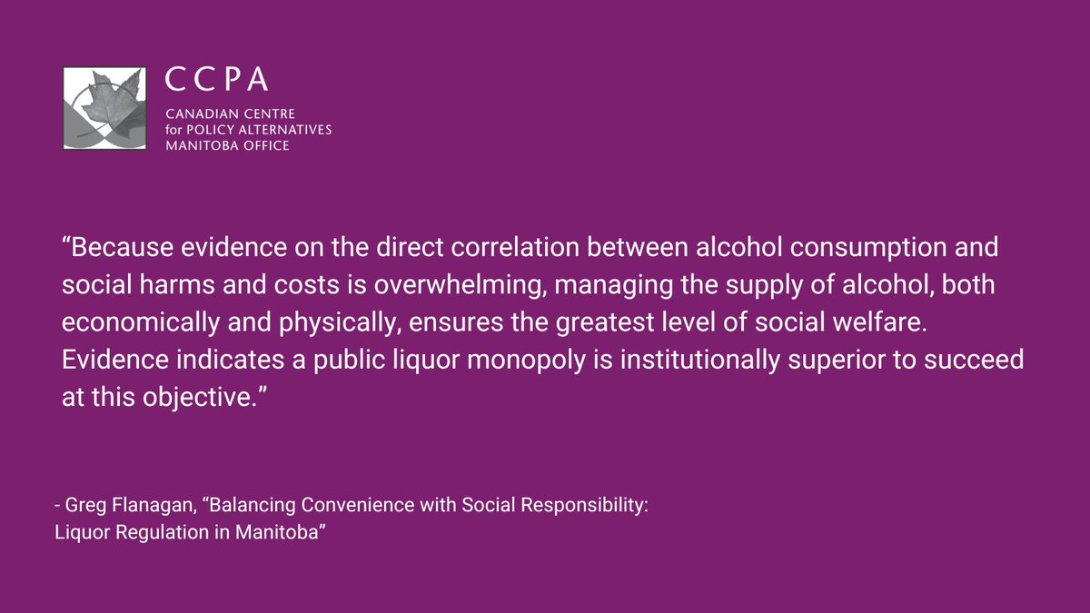 CCPAMB's tweet image. The Manitoba PCs have promised to expand liquor sales to private grocery stores.

A 2016 CCPA report, Balancing Convenience with Social Responsibility, provides evidence-based research on the social cost of expanded access to liquor: policyalternatives.ca/sites/default/…

#mbpoli #MBelxn23 1/3