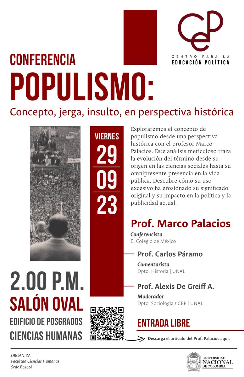 El Centro para la Educación Política nos extiende la invitación a la conferencia "Populismo: concepto, jerga, insulto, en perspectiva histórica"
Viernes 29 de septiembre
Salón Oval en el Edificio de Posgrados de la Facultad de Ciencias Humanas
#somosunal #sociologiaunal