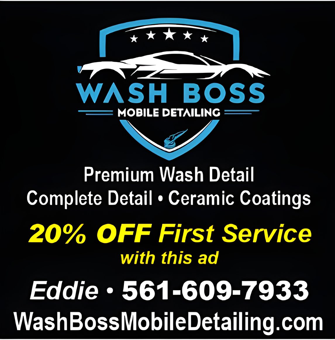 Wash Boss Mobile Detailing is offering 20% OFF your first service with this OPG ad!! Be sure to check them out!! 🚗 #mobiledetailing #detailingservice #ceramiccoatings #palmbeachcounty #floridabusiness #orangepeeladvertiser