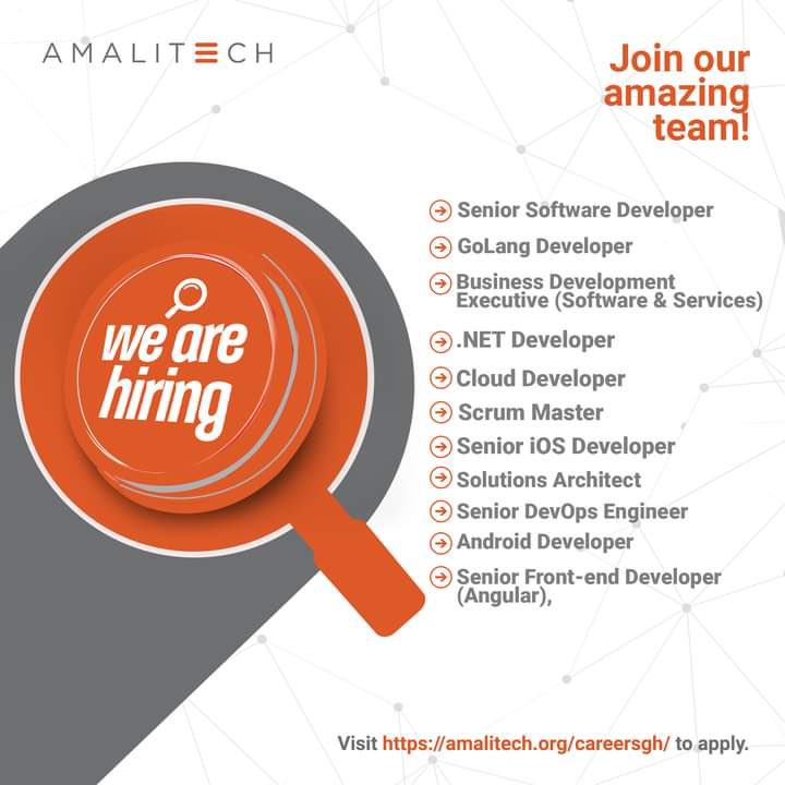 Hello Techies🤩
We have exciting job offers in #Ghana and #Rwanda!
Our Service Centres in Ghana & Rwanda are hiring for the positions stated in the flyer
Kindly visit amalitech.org/careersgh/ to apply for our vacancies in Ghana. Rwanda amalitech.org/careersrw/ 
#WorkwithAmaliTech