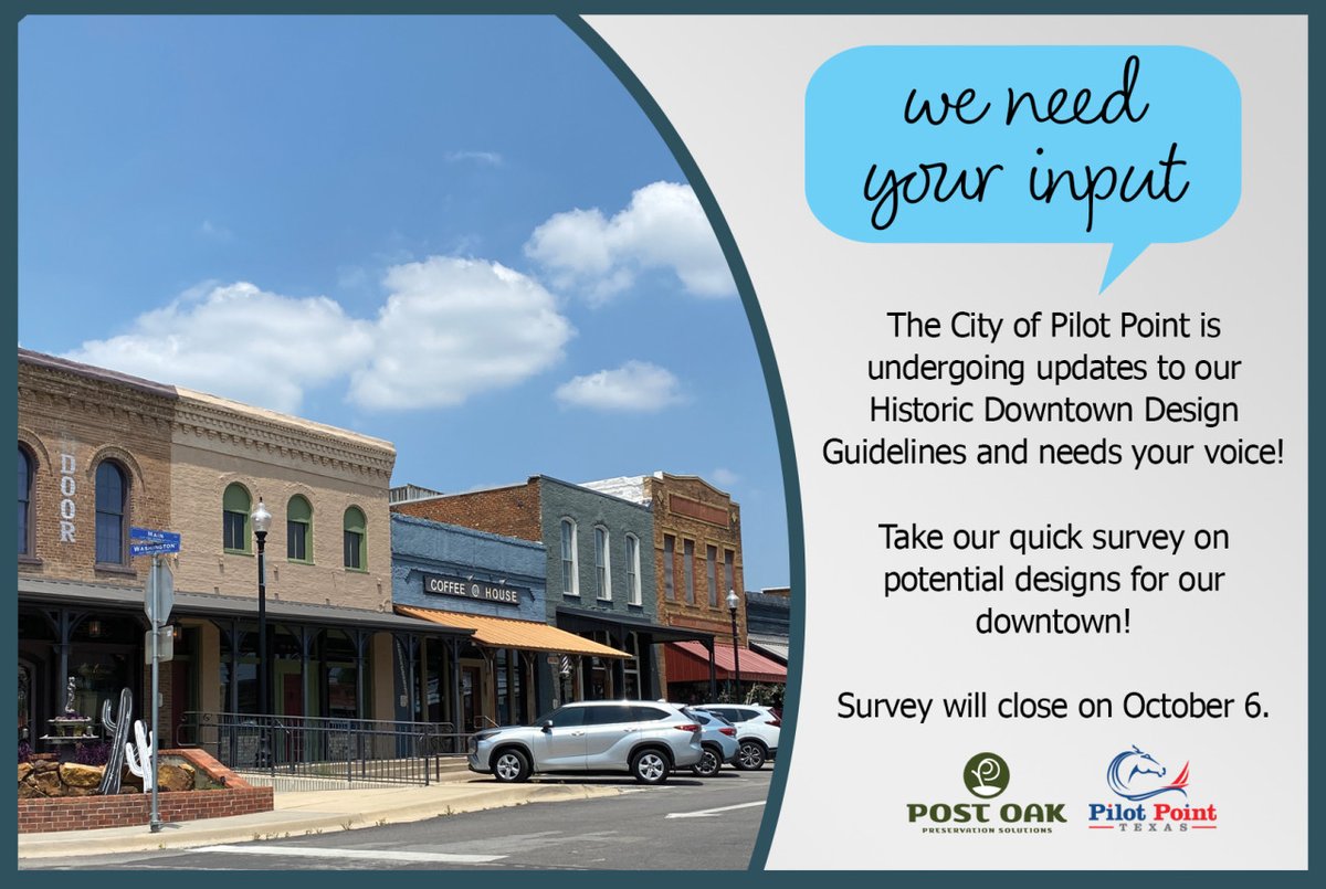 Have a say in the future of the Historic Downtown! 📝

Pilot Point Main Street has teamed up with Post Oak Preservation Solutions to conduct a survey aimed at discovering what YOU want to see as the future of our downtown! bit.ly/HistoricPilotP… #developpilotpoint