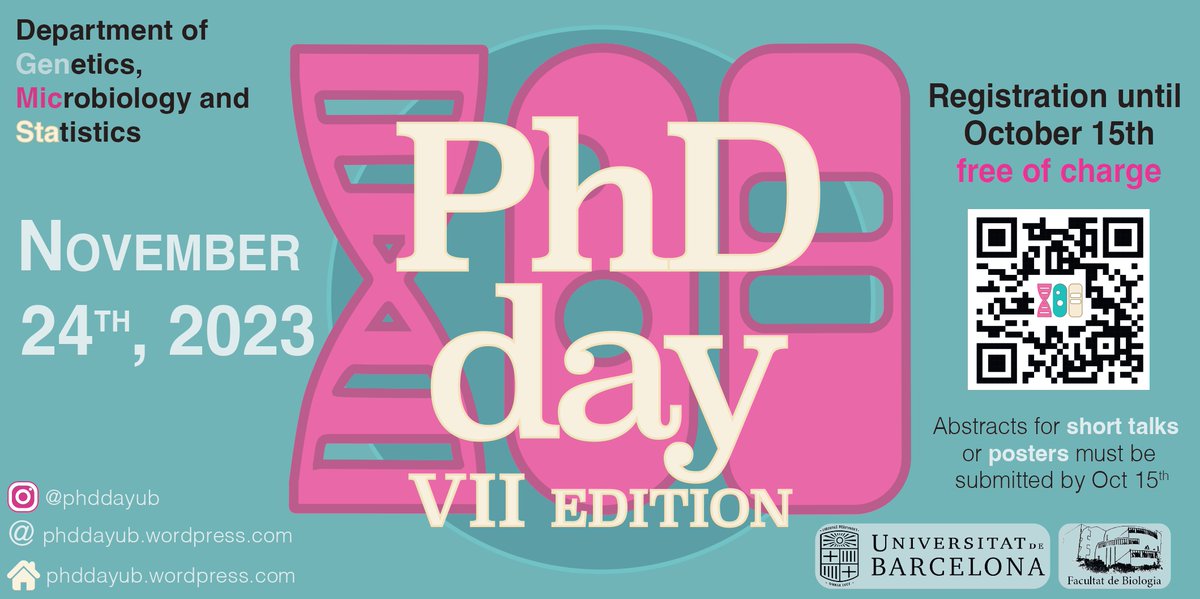 🔬SAVE THE DATE!! 
PhD Day is coming! It will take place on November 24th at the Faculty of Biology. Registration is now open! If you want to participate in a short talk or poster session, abstracts must be submitted by October 15th.

More info: phddayub.wordpress.com/2023/09/26/reg…