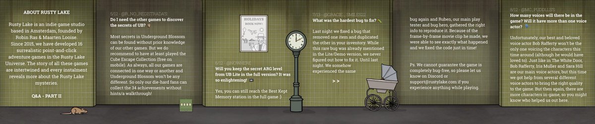 rustylake_jp's tweet photo. 🚇Underground Blossom🌸のリリースを控え、皆さんが知りたかったゲームの開発プロセスについてお答えしています(英語です。日本語はしばらくお待ちください)。🔍
📰最後となる #UBDevlog の第3弾で質疑応答をお楽しみください:
https://t.co/NN6MrUCwyI 🖤 https://t.co/45uvo3qQFX