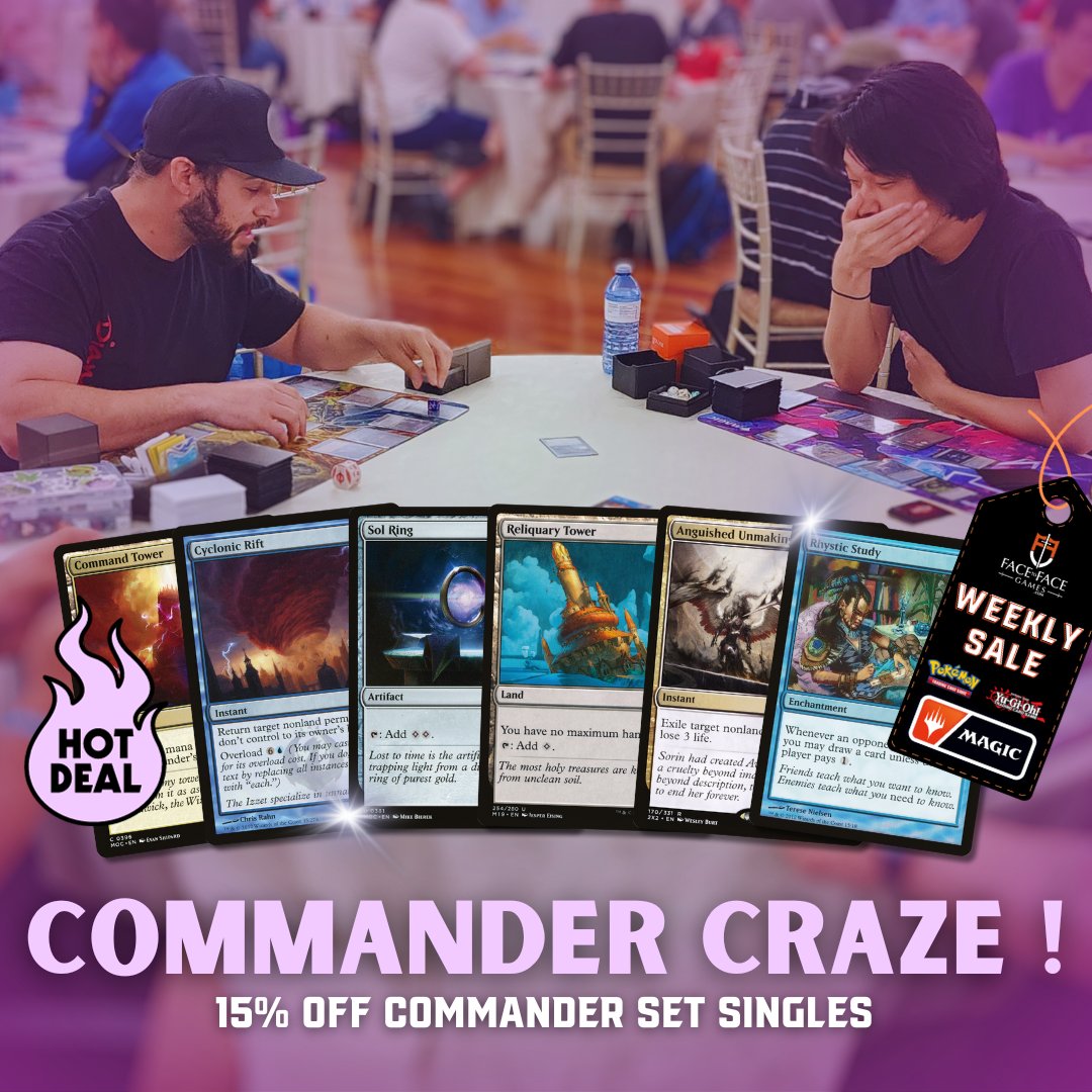 FaceToFaceGames's tweet photo. Hi Commander players! 👋
It's the best time to upgrade your decks! Enjoy 15% off all Commander set singles, this week only! 🤩

We are also giving away $25 store credit!
For a chance to win:
- FOLLOW us
- LIKE this post
- RT & COMMENT & let us know which MTG character you would most like to hang out with in real life! 🤣