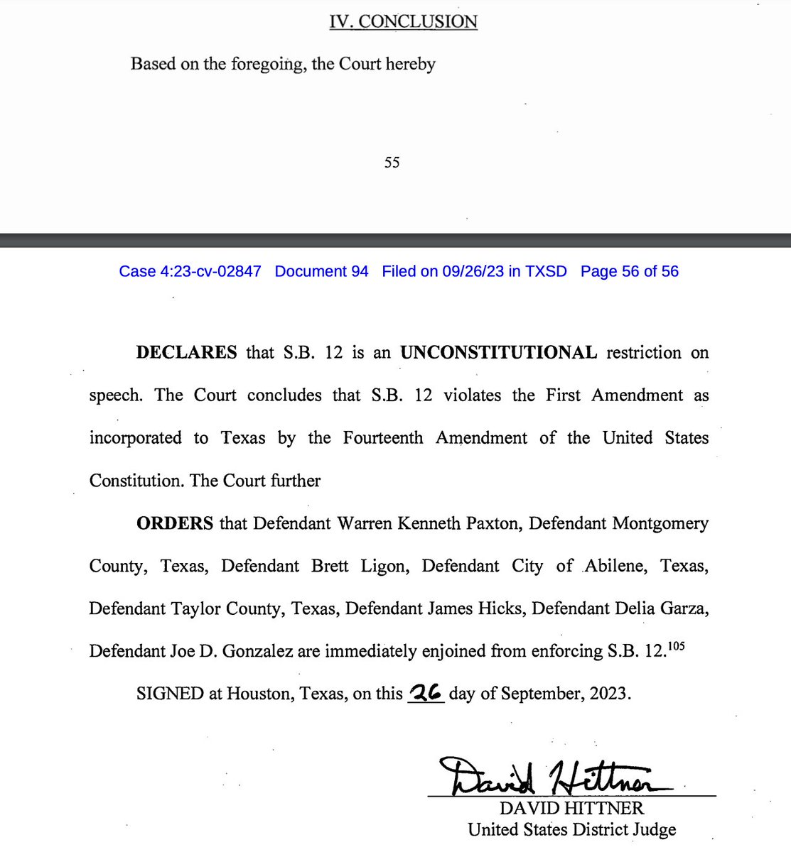 BREAKING: After trial, federal judge declares Texas's anti-drag law, SB12, unconstitutional and issues a permanent injunction barring — through AG Paxton — all state officials from enforcing it. More to come at Law Dork: lawdork.com