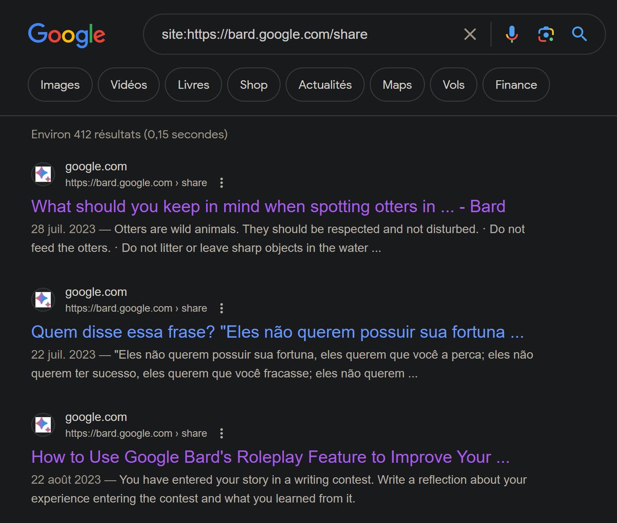 🚨Tout le monde peut consulter certaines conversations d'autres utilisateurs avec Bard.

⚠️Ceci est possible car Google index les conversations qui ont choisi d'être partagés par les utilisateurs.

Google vient d'expliquer il ya  30min qu'il ne souhaite pas (tweet suivant) ⬇️...