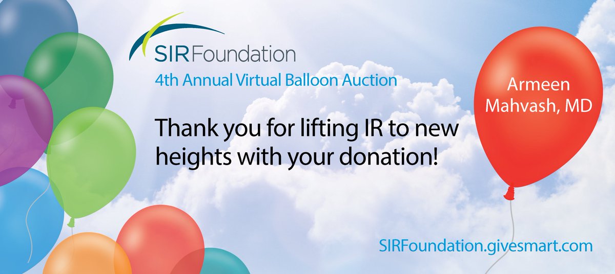 SIRspecialists's tweet photo. Thank you @ArmeenMahvash, MD! With your support during the #SIRFoundation #VirtualBalloonAuction, we can elevate #IRad research to even greater heights! https://t.co/UCWS22lBsN https://t.co/4Vb6MjuY5e