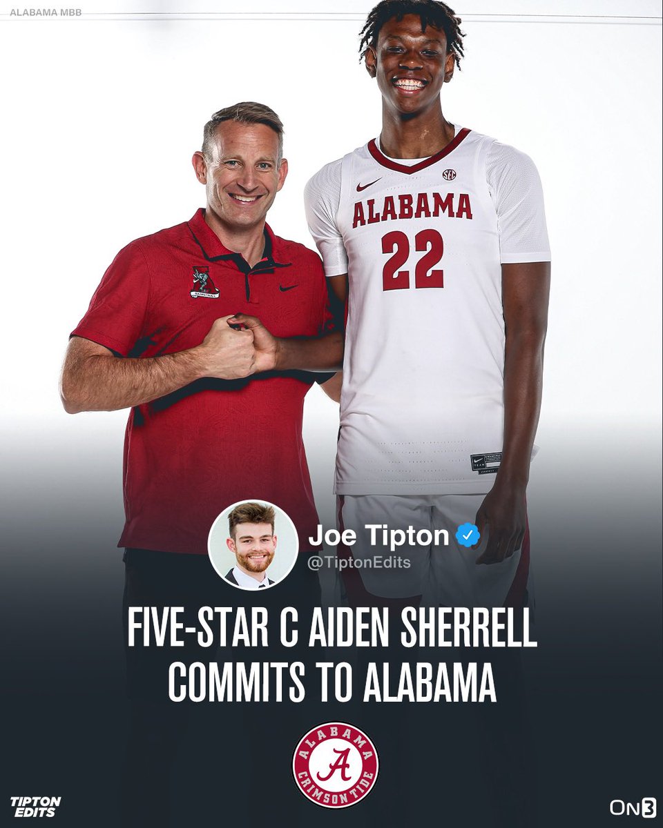 NEWS: 2024 five-star center Aiden Sherrell tells me he’s committed to Alabama, becoming the program’s highest-ranked big man in nearly two decades. 

Story: on3.com/college/alabam…
