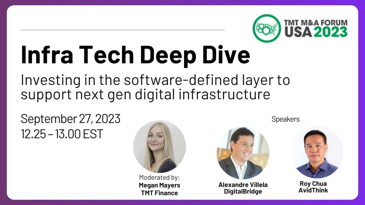 AvidThink joins TMT M&A Forum USA 2023 for a deep dive into digital infrastructure. Moderated by Megan Mayers, featuring experts like Alexandre Villela and Roy Chua. Join us on 9/27/23, 12:25-13:00 EST. #TMTMAForum #TechInvestments #DigitalInfrastructure tmtfinance.com/usa/agenda/