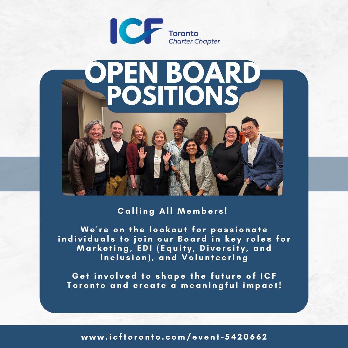You can be part of this dynamic Board!

Join us-September 28 at 4:30 p.m. (EST) with Alicia Saint, President and Leslie Shank, Co-Director Transformation &amp; Governance, to learn more about joining our Board. icftoronto.com/event-5420662