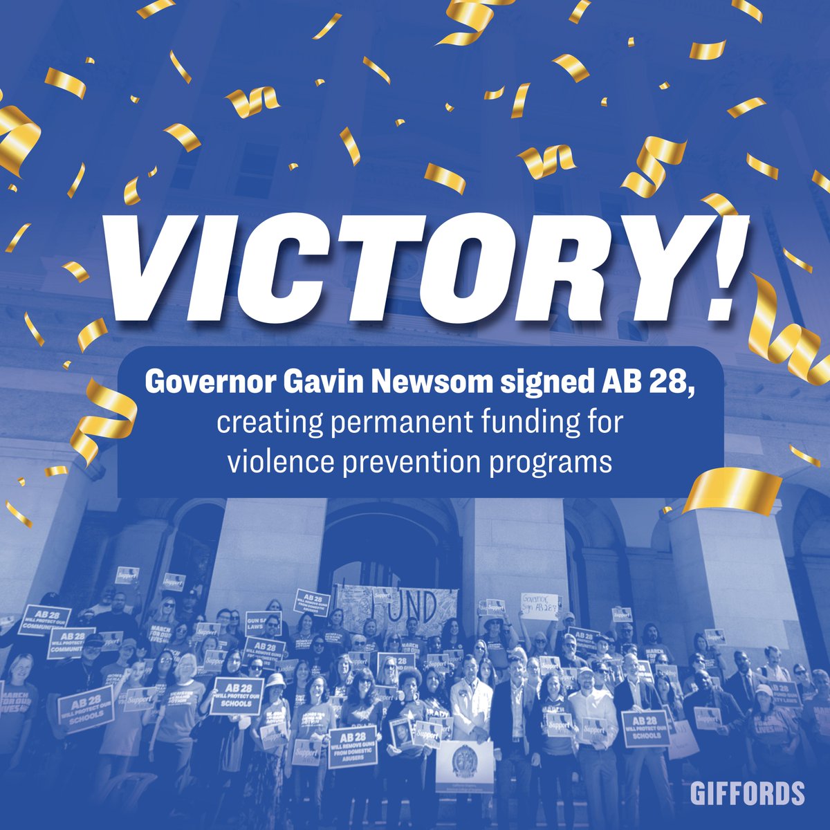 GIFFORDS_org's tweet image. WE DID IT!

California enacted a historic bill that will generate $160M annually to fund violence intervention work, school safety, and the disarming of domestic abusers.

Thank you Gov. @GavinNewsom &amp;amp; @JesseGabrielCA for your leadership on gun safety. 👏