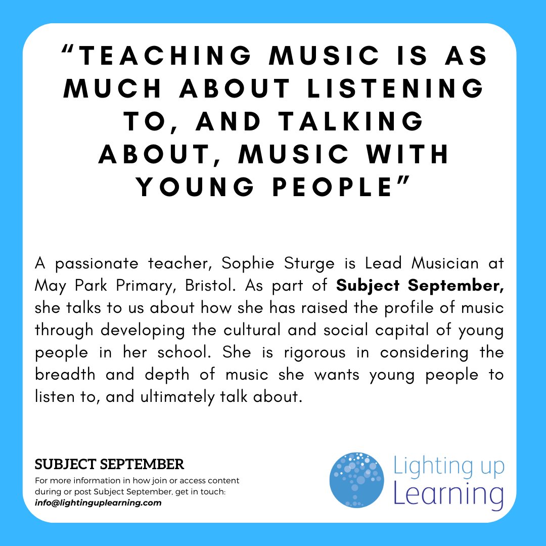 Tomorrow, we'll be joined by Sophie Sturge <a href="/MayParkPri/">May Park Primary School</a>. Sophie will be sharing how she has raised the profile of #primarymusic in her school by ensuring that young people and teachers feel #ownership of their curriculum.
<a href="/ExcaliburAT/">Excalibur Academies Trust</a> <a href="/BeaconLearning_/">Bristol Beacon Creative Learning</a> <a href="/SouthGlosMusic/">South Gloucestershire Music Hub</a>