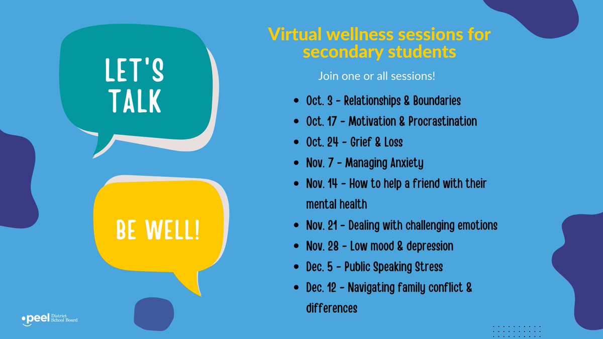 Calling all secondary school students! Join us for one or all Let's Talk Be Well virtual wellness sessions running from October 3 to December 12. To learn more and register visit peelschools.org/mental-health-…