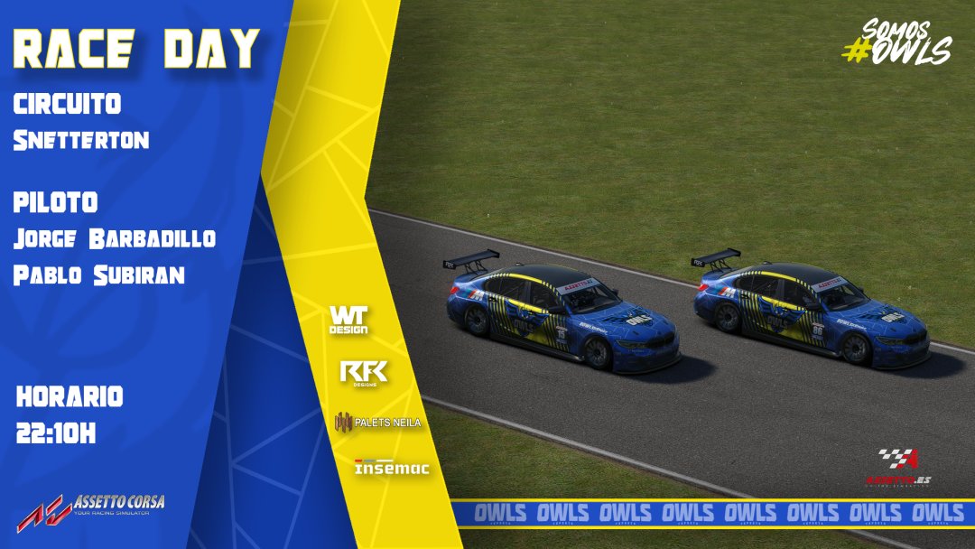 OWLS eSports 🦉🇪🇦 (@owlsesports_) on Twitter photo Hoy inauguramos presencia en un nuevo campeonato, BTCC Series🦉🏁
Volamos al Assetto Corsa con un BMW 330i 💯
🏆 <a href="/Assetto_es/">Assetto.es</a>
📍 Snetterton
👤 <a href="/RotaryForce9k/">Pablo Subiran</a>
👤 <a href="/Jorgewnz/">Jamón de Jorch</a>
#somosowls #familia #paletsneila #insemac Hoy inauguramos presencia en un nuevo campeonato, BTCC Series🦉🏁
Volamos al Assetto Corsa con un BMW 330i 💯
🏆 <a href="/Assetto_es/">Assetto.es</a>
📍 Snetterton
👤 <a href="/RotaryForce9k/">Pablo Subiran</a>
👤 <a href="/Jorgewnz/">Jamón de Jorch</a>
#somosowls #familia #paletsneila #insemac