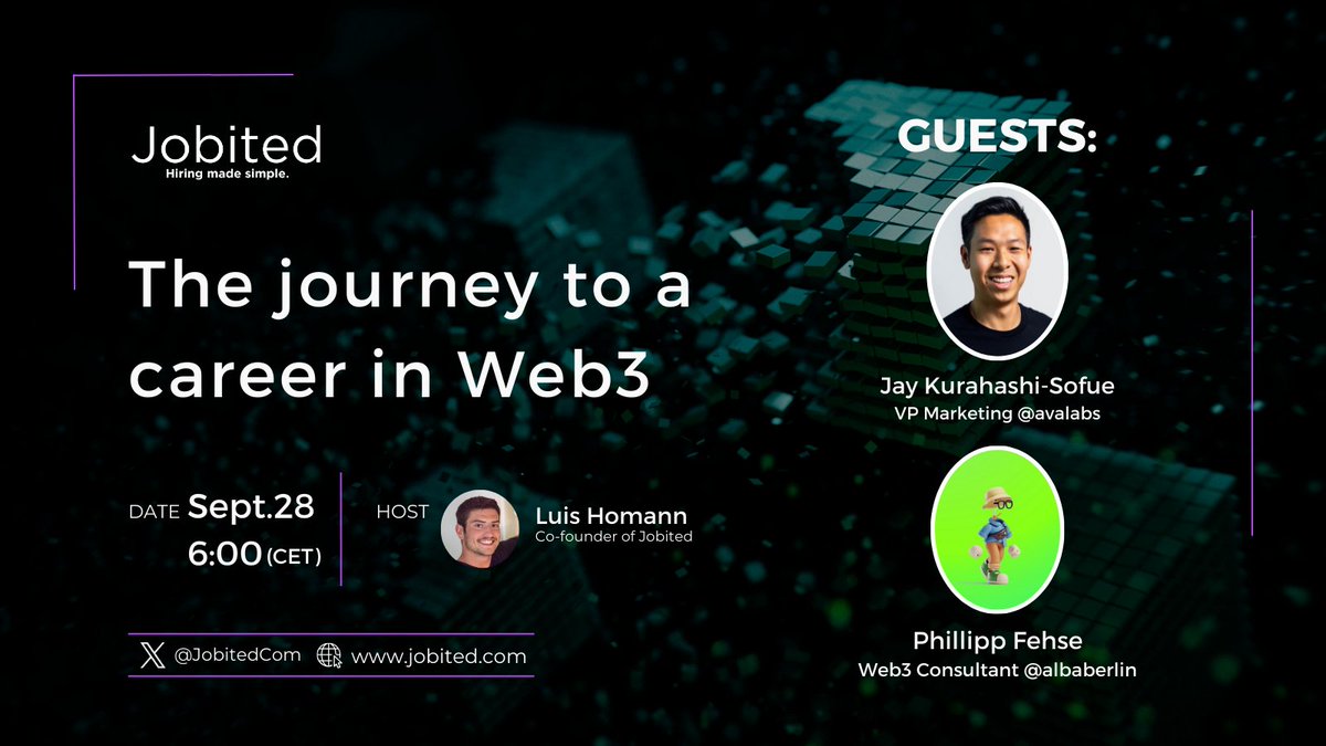 Jobited (@jobitedcom) on Twitter photo 🎙️ Join our Space with Philipp Fehse (<a href="/PhilippFehse/">Philipp Fehse 🖇</a>), Web3 Consultant for Alba Berlin Basketball Club, and Jay Kurahashi-Sofue (<a href="/jayks/">Jay Kurahashi-Sofue 🔺</a>), VP of Marketing for Ava labs (Avalanche)
🗓️ Sept.28 6:00 (CET)
👉 Set your reminder here: x.com/i/spaces/1ZkKz…
Don't miss out! 🚀 🎙️ Join our Space with Philipp Fehse (<a href="/PhilippFehse/">Philipp Fehse 🖇</a>), Web3 Consultant for Alba Berlin Basketball Club, and Jay Kurahashi-Sofue (<a href="/jayks/">Jay Kurahashi-Sofue 🔺</a>), VP of Marketing for Ava labs (Avalanche)
🗓️ Sept.28 6:00 (CET)
👉 Set your reminder here: x.com/i/spaces/1ZkKz…
Don't miss out! 🚀