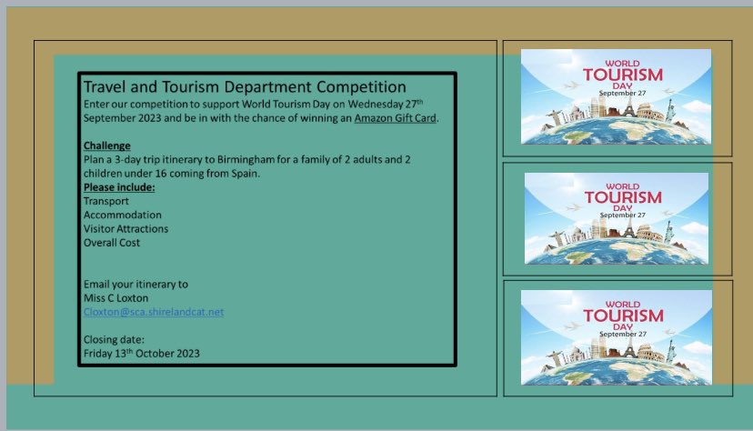 LoxtonSca's tweet photo. @ShirelandCA Travel and Tourism Year 9 competition to celebrate #WorldTourismDay23 https://t.co/zt6vyG7dES