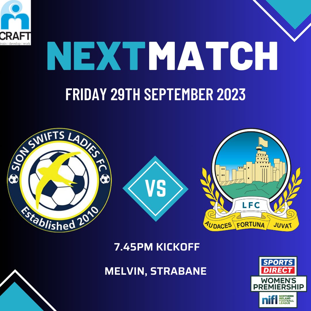 𝙉𝙀𝙓𝙏 𝙂𝘼𝙈𝙀 ⚽🔵🟡 After a week off with the international break the ladies will have a tough test this week as they host Linfield FC Women in Melvin! 📆 Friday 29th September 🕗 7.45pm Kickoff 🏟️ Melvin, Strabane #cmonyuswifts 💙💛 #SportsDirectWomensPrem