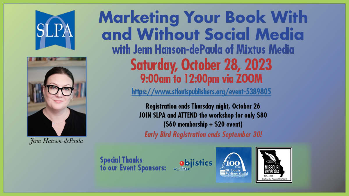 Authors, no matter how you're published you need to do some #bookmarketing. Join us for this low-cost ONLINE presentation by the dynamic Jenn. Catch the early bird rate this week. #WritingCommunity #authors #authorscommunity