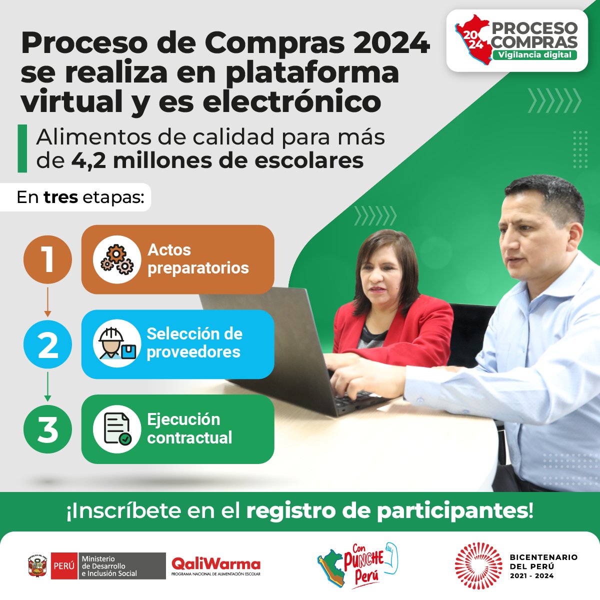 El #ProcesoDeComprasQaliWarma 2024 es electrónico y se desarrolla a través de la plataforma virtual desarrollada e implementada por Qali Warma. Accede a procesocompras2024.qaliwarma.gob.pe e inscríbete en el registro de participantes. #VigilanciaDigital.