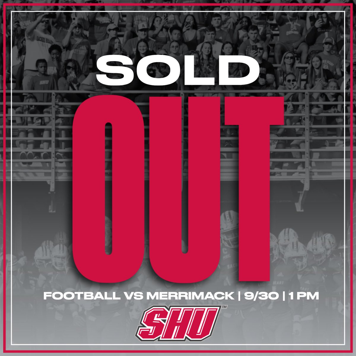 SHUBigRed's tweet photo. This Saturday’s Family Weekend @SHU__Football game is SOLD OUT‼️ 
There will be no day of game tickets or standing room tickets available. 
To watch your Pioneers, tune into NEC Front Row 📺
#WeAreSHU https://t.co/Uxgfzn6UqK