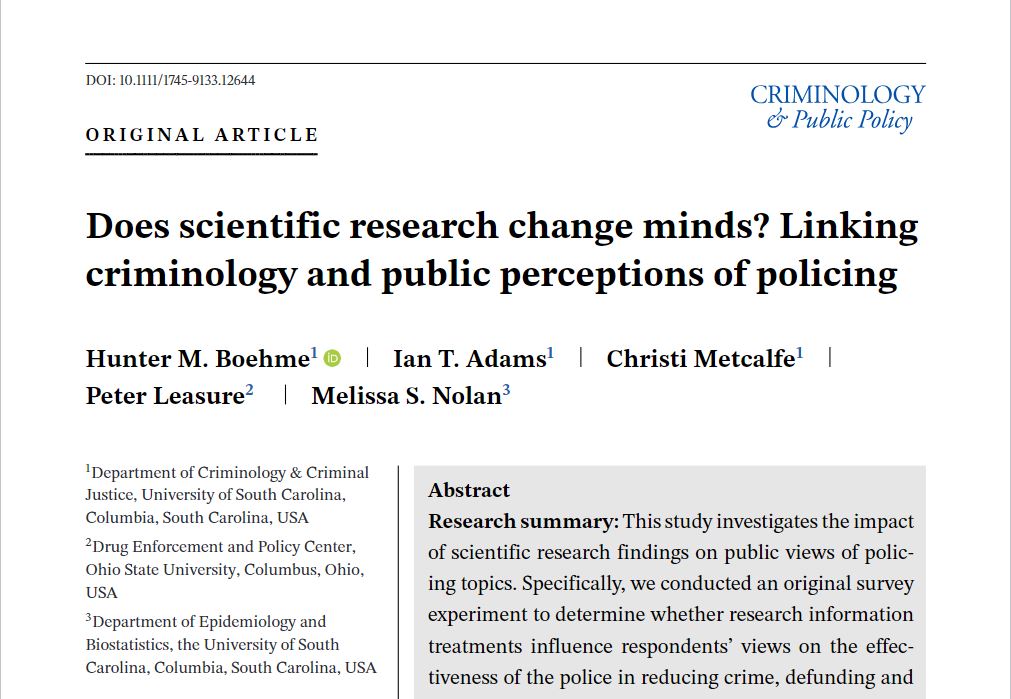 New research, coauthored by DEPC Senior Research Associate Peter Leasure, was recently published in @CPPJournal. The study investigates the impact of scientific research findings on public views of policing topics. Read the paper: bit.ly/3taouxV