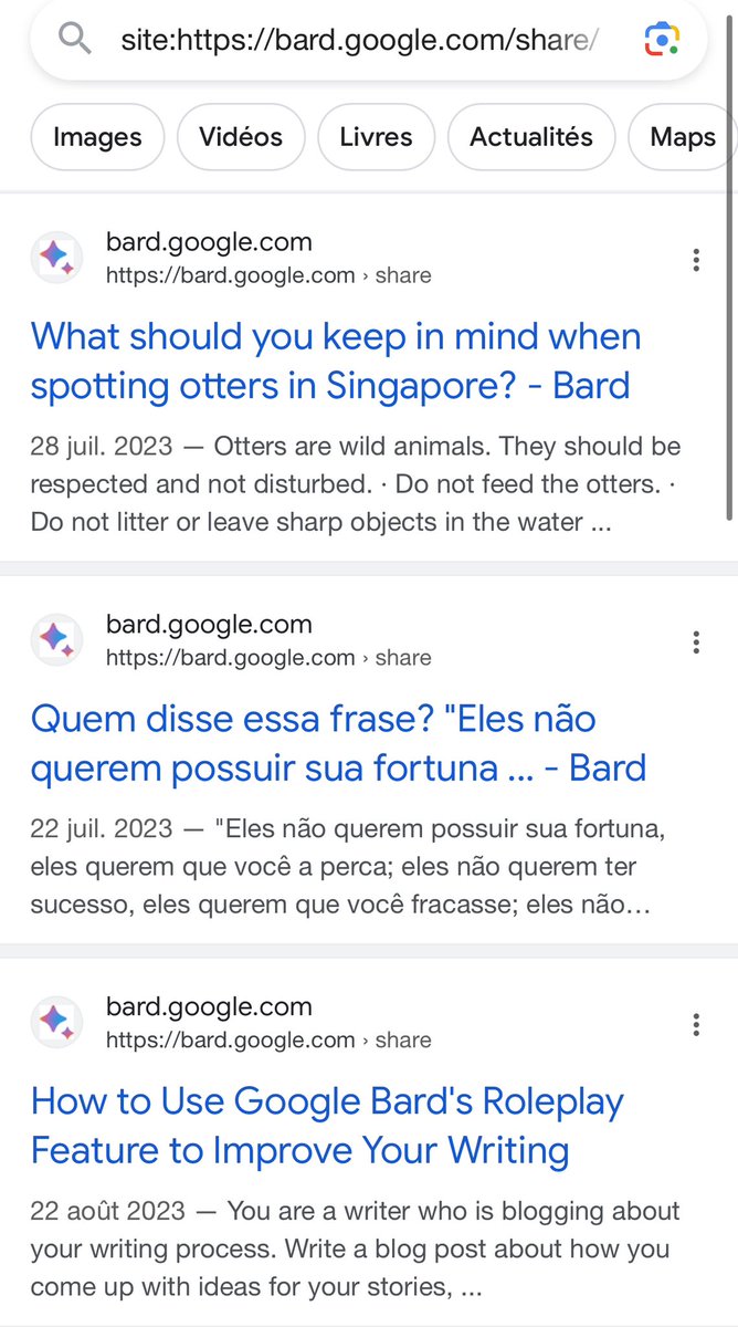 🚨⛔️Google a commencé à indexer les URL de conversation de Bard 😱

Attention aux infos partagées avec Bard, si vous partagez le chat (share) ! Un inconnu sur Google pourrait tomber dessus dans une recherche ‼️

Et c’est en plus considéré comme des snippets ‼️

v/ <a href="/gaganghotra_/">Gagan Ghotra</a>