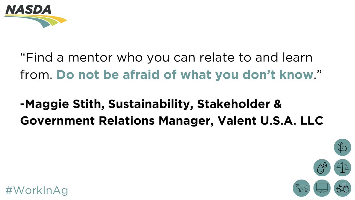 NASDAnews's tweet image. NASDA asked what advice those in the industry would have for someone starting their career in #agriculture. @ValentUSA Sustainability, Stakeholder &amp;amp; Government Relations Manager Maggie Stith answered. #WorkInAg nasda.org/workinag/
