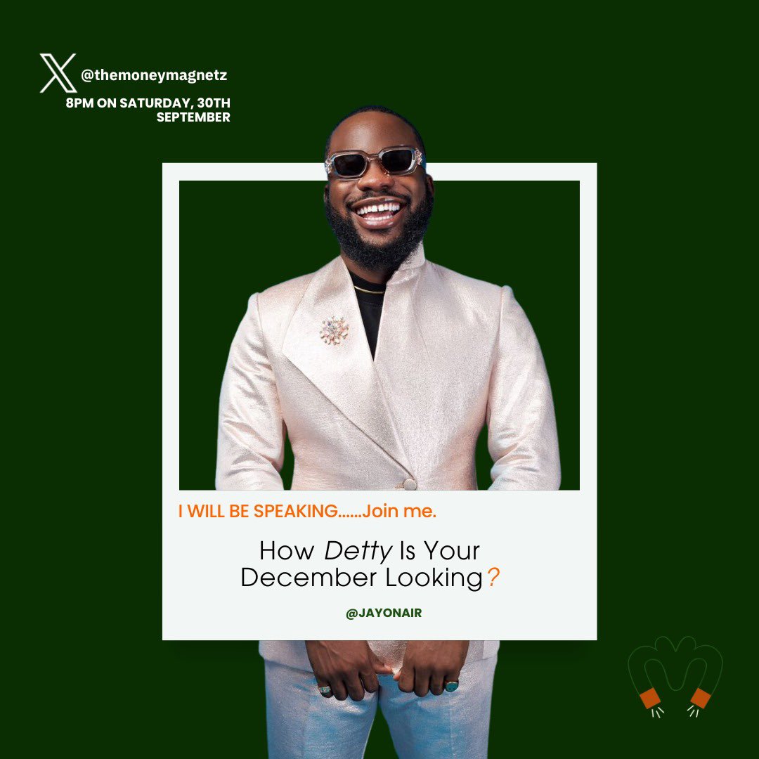themoneymagnetz's tweet photo. ARE YOU READY?? 🔥🔥🔥

@jay_onair will be speaking at the space.

Topic: “HOW DETTY IS YOUR DECEMBER LOOKING?” 🎉💲💃🏽
Date: Saturday, 30th September 2023.
Time: 8PM

#mmzspaces #themoneymagnetz #mmzcommunity #genztwitter https://t.co/PXAhpCC9pR