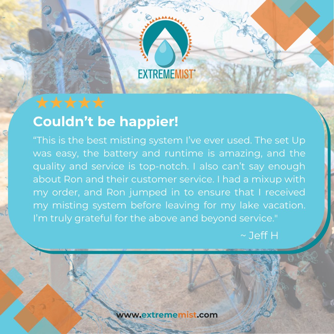 ExtremeMistPCS's tweet image. Keepin' cool with the best misting system ever! Easy setup, unbeatable battery life, top-quality. Thank you, Jeff, for sharing your experience with our product. Stay cool, stay happy! #customerfeedback #productreview #extrememist #outstandingservice