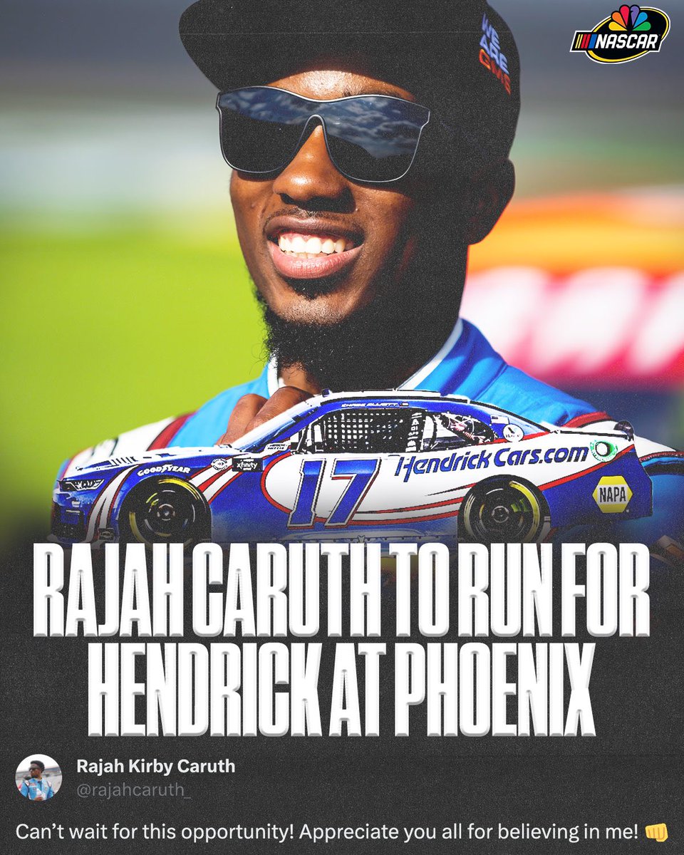 NASCARonNBC's tweet image. Big news for @rajahcaruth_!

See him go @XfinityRacing at @phoenixraceway with @TeamHendrick. #NASCAR