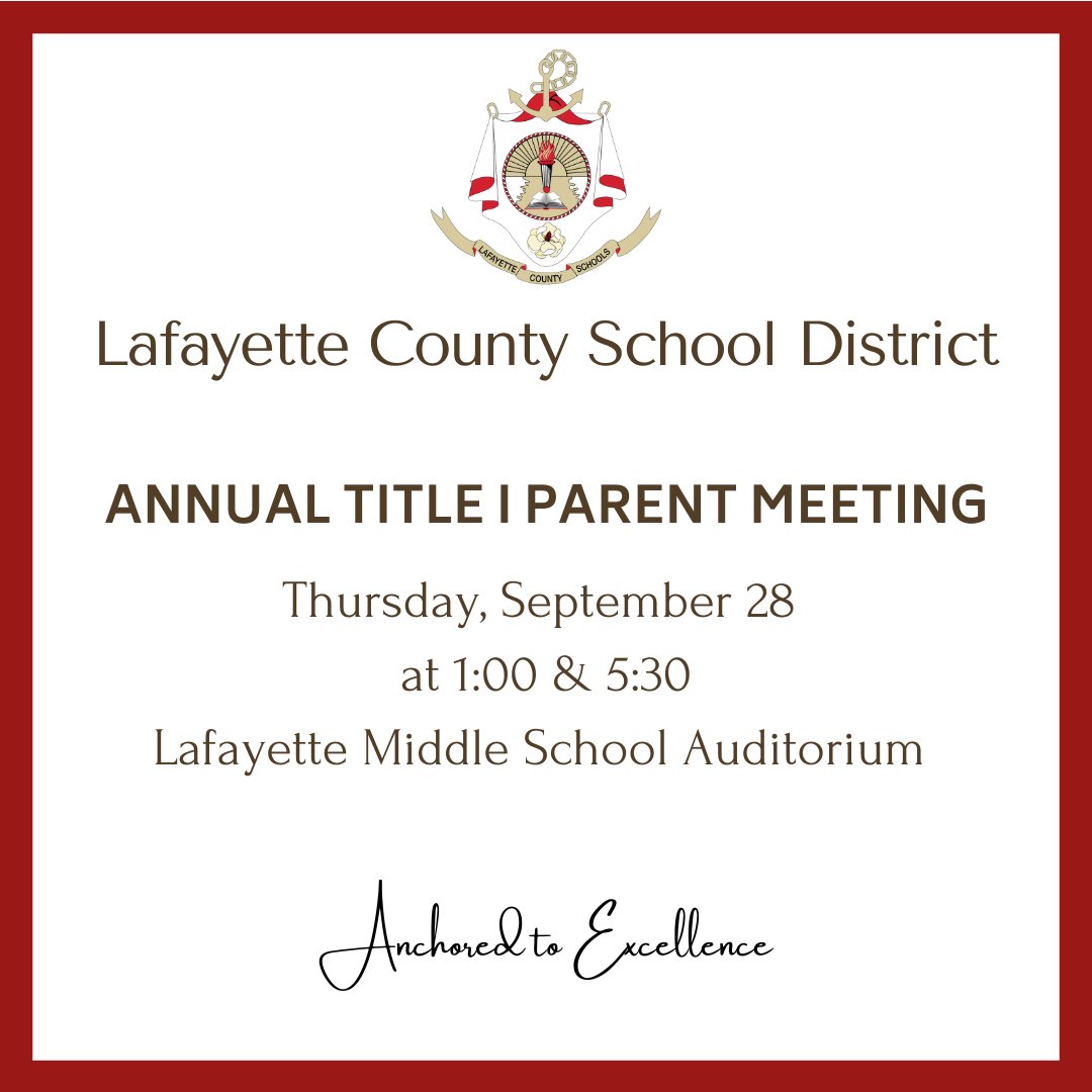 Parents are invited to the Annual Title I meeting this Thursday, September 28 at LMS Auditorium. We will have two times available: 1:00 pm and 5:30 pm.

To learn a bit about what is Tittle I funding, you can visit our Federal Programs page here: lafayettecsd.ss16.sharpschool.com/cms/one.aspx?p…