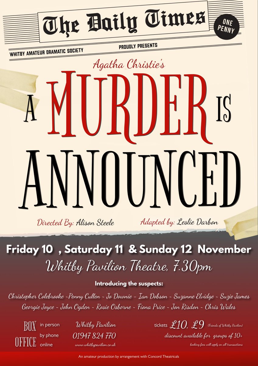 Rehearsals for our final production of 2023 are underway and tickets are on sale! 

Join us this November as A Murder is Announced <a href="/Whitbypavilion/">Whitby Pavilion</a> 

10-12 November, 7:30pm 

#whitby #theatre #amdram
