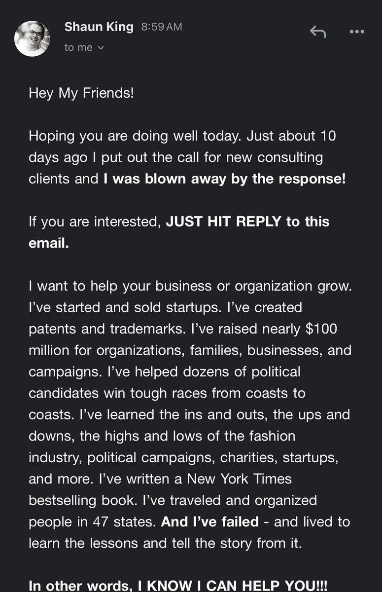 crystal_build's tweet photo. Is your small business struggling?
Shaun King to the rescue!
He will “help” you because he’s done so much (in his mind) to help others.
This man moved his grift to being a consultant 😂😂😂😂😂
Pro tip: Do NOT hire Shaun King as a consultant. https://t.co/ivjGC4G92m