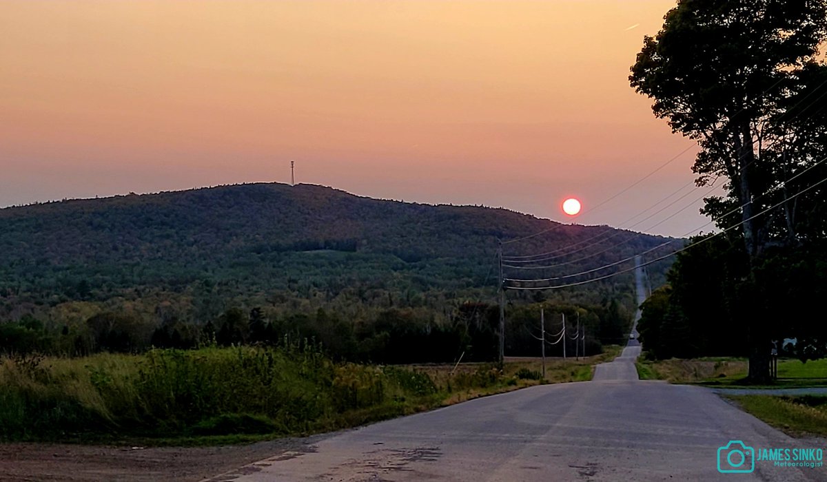 Another smoky sunset here in the County thanks to Alberta Canada wildfires. Beautiful setting behind the north slope of Pyle Mountain in Castle Hill. #mewx #maine #sunset #wildfiresmoke