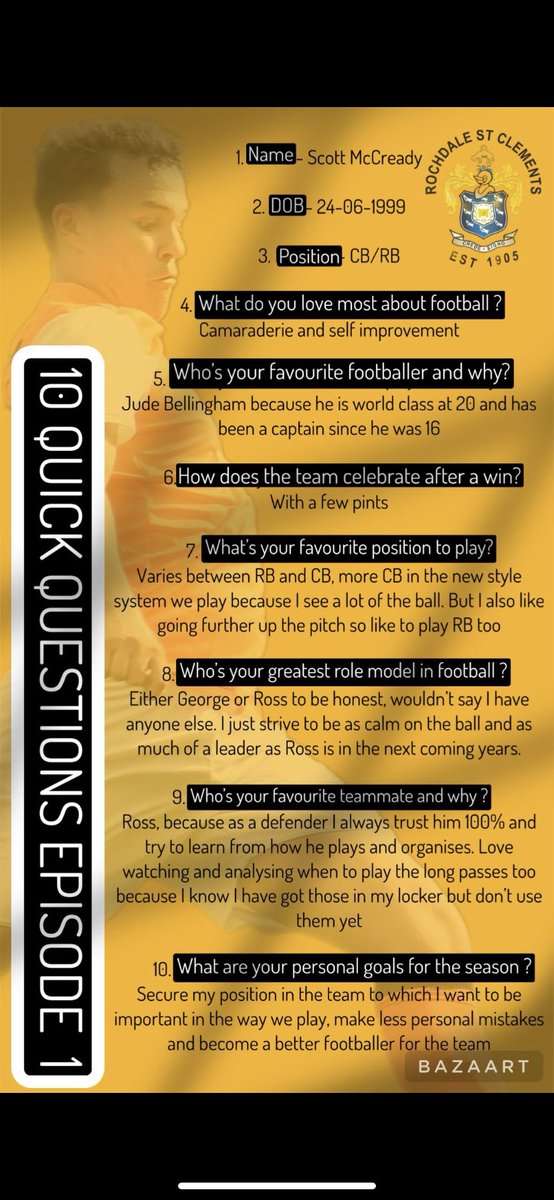 RdaleStClements's tweet photo. ๐ฅ 'RSC Rapid Fire': 10 questions, quick answers. Dive deeper into our squad's minds! ๐๏ธ #RSCRapidFire #BehindTheKit https://t.co/r5K3ynH1mq