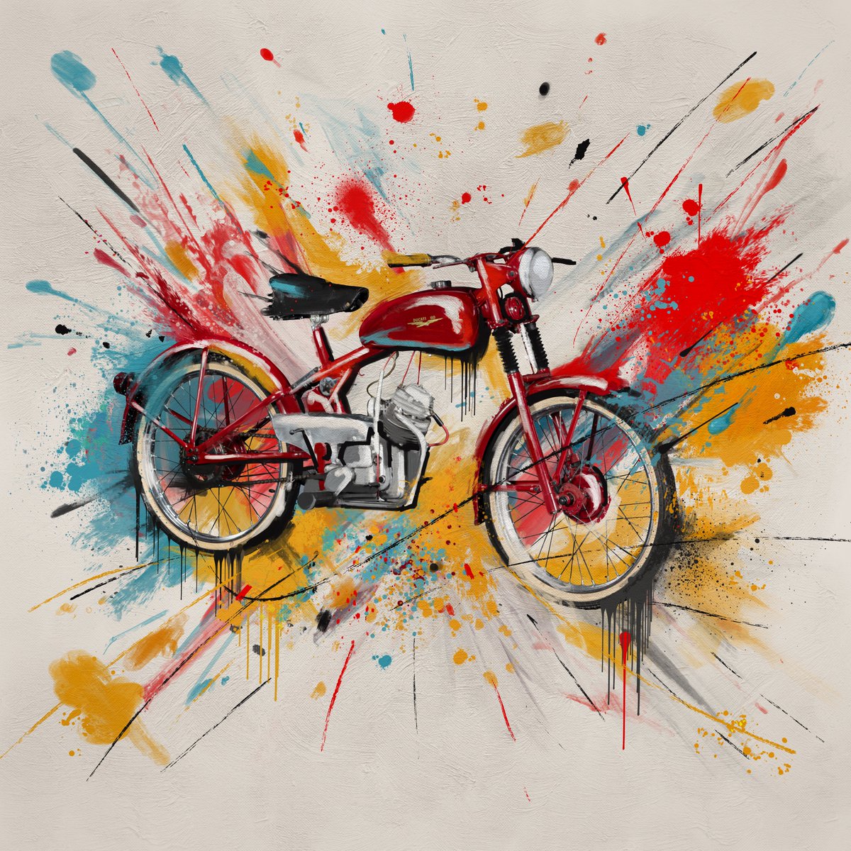 Next we travel to 1949 with the Ducati 60, vibrantly illustrated in the Abstract Expressionist style.

#DucatiLove