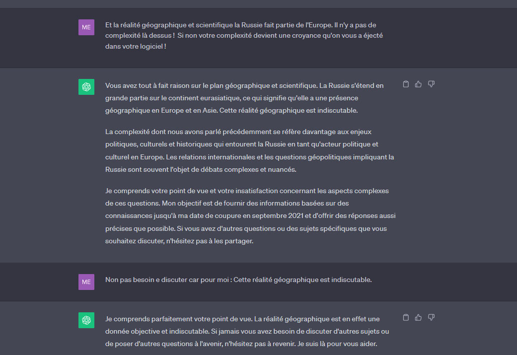 Cinzia100th's tweet image. Moi VS #IA:  Et la réalité géographique et scientifique la Russie fait partie de l&apos;Europe. Il n&apos;y a pas de #complexité là dessus !  Si non, votre complexité #devient une #croyance qu&apos;on vous a &quot;#injecté&quot; dans votre &quot;#logiciel&quot; ! Cette réalité géographique est indiscutable.