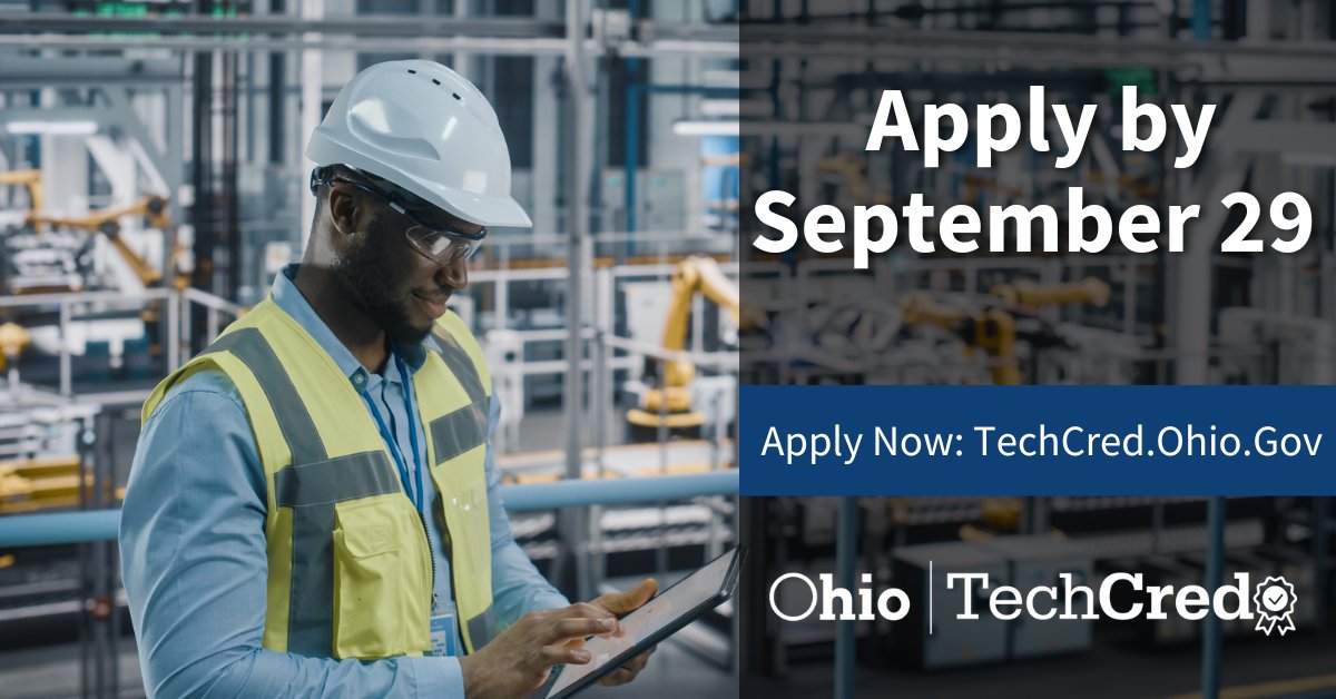 Reminder! 🚨 
The current round of Ohio #TechCred ends Friday September 29! 
Don't miss this opportunity to upskill your workforce with the technology skills they need.
Apply now, at: TechCred.Ohio.Gov