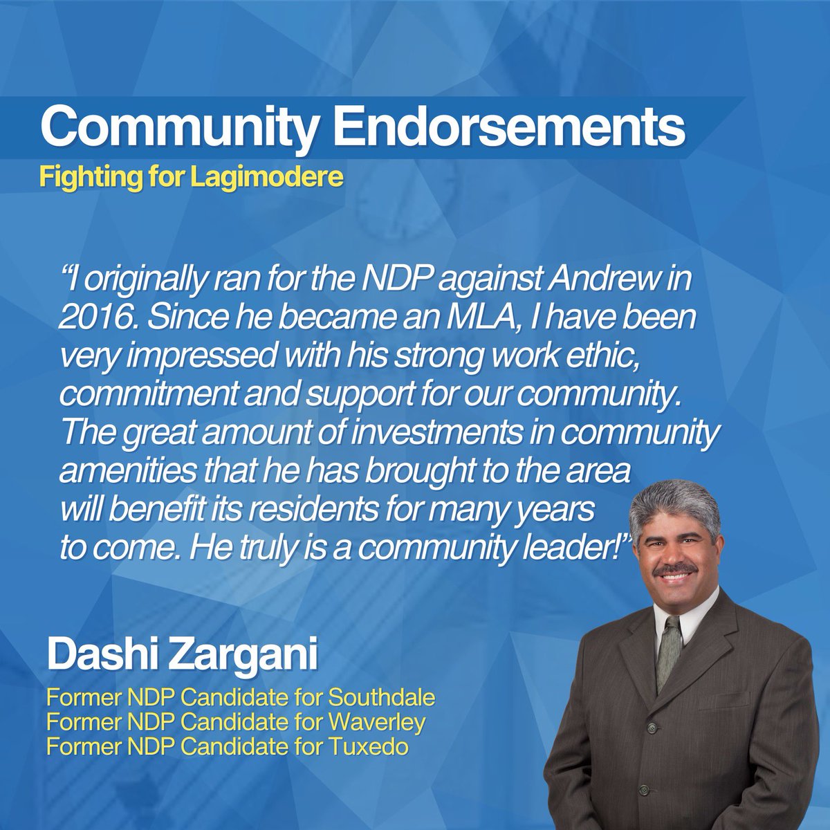 AndrewMGSmith's tweet photo. Thank you @DashiZargani for the endorsement. Dashi initially ran against me in the 2016 election. This year I am proud to say that he’s endorsed me for re-election in Lagimodiere. https://t.co/iB8CkF91R2