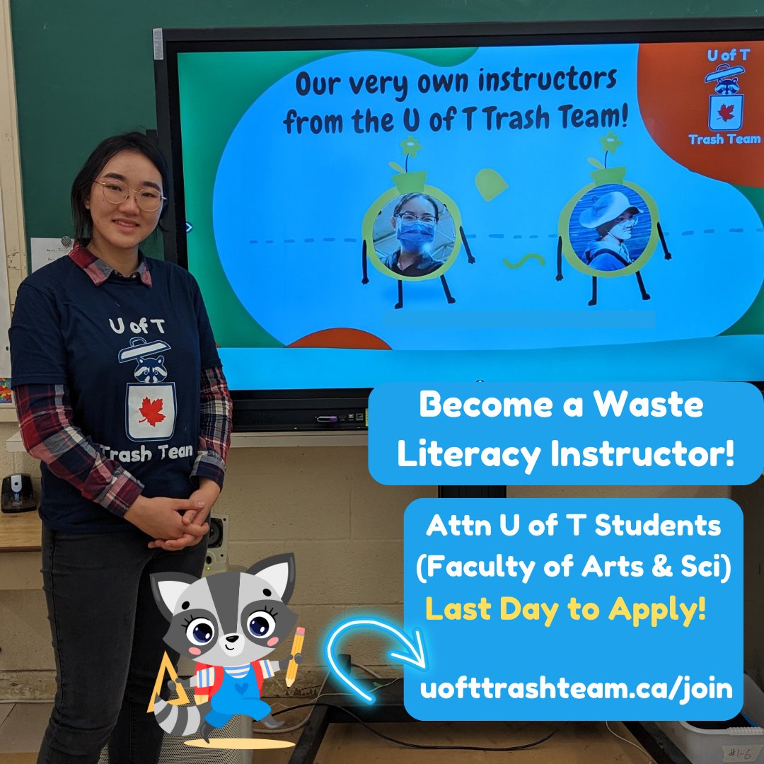 Applications close Wed Sept 27 for <a href="/UofTArtSci/">U of T Arts & Science</a> students interested in our Waste Literacy Instructor position. Instructors facilitate 1 of 4 lesson plans to grade 5 classrooms through a mix of hands-on &amp; discussion-based programming, all about #plastic! uofttrashteam.ca/join/