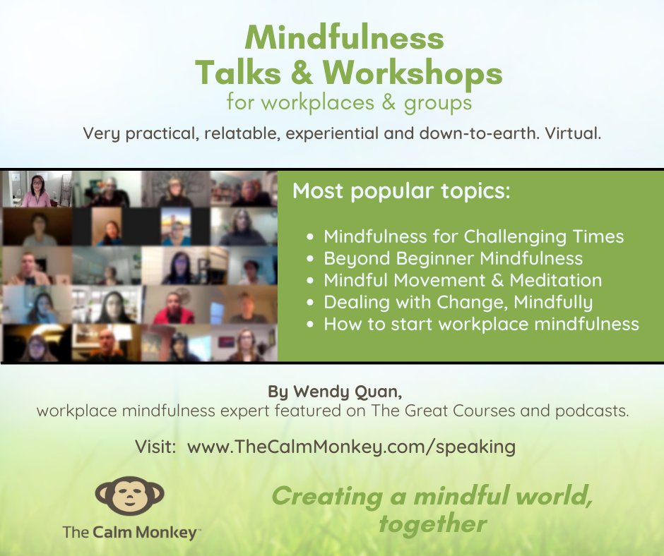 wquan's tweet photo. Here are some of my popular offerings for mindfulness talks for any type of group!  Always super practical, engaging and beneficial to all types of audiences.  😊 

https://t.co/hoZoj6IaCE

Contact:  Wendy@TheCalmMonkey.com to inquire.  

#mindfulness #WorkplaceMindfulness https://t.co/iHyvdnu2yG