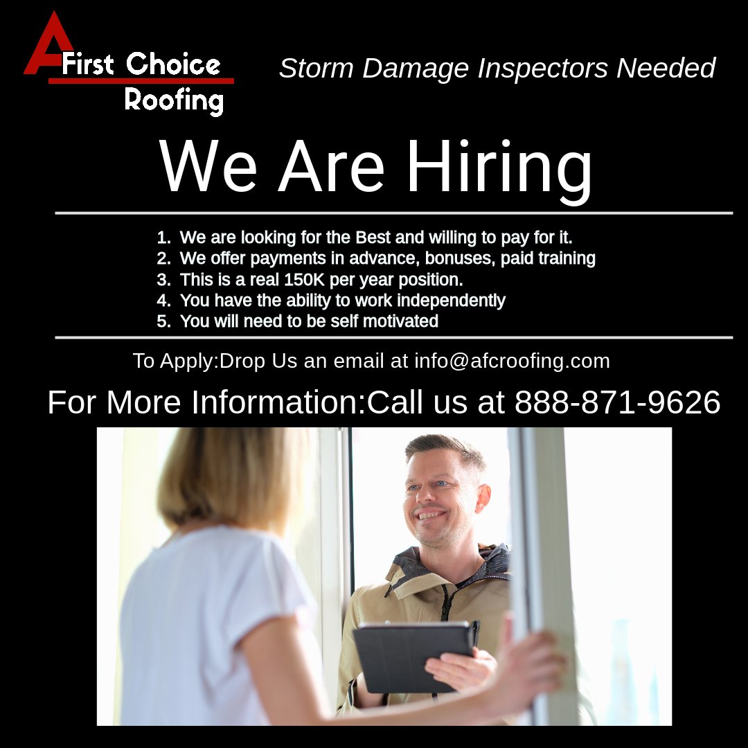 AFirstChoice_'s tweet photo. A First Choice Roofing is looking for individuals who interested in working in a recession proof industry. If you are interested please give us a call.  888-871-9626
#roofing #careers #greatpay #hiringnow #JobOpening https://t.co/zbAzbIEELL