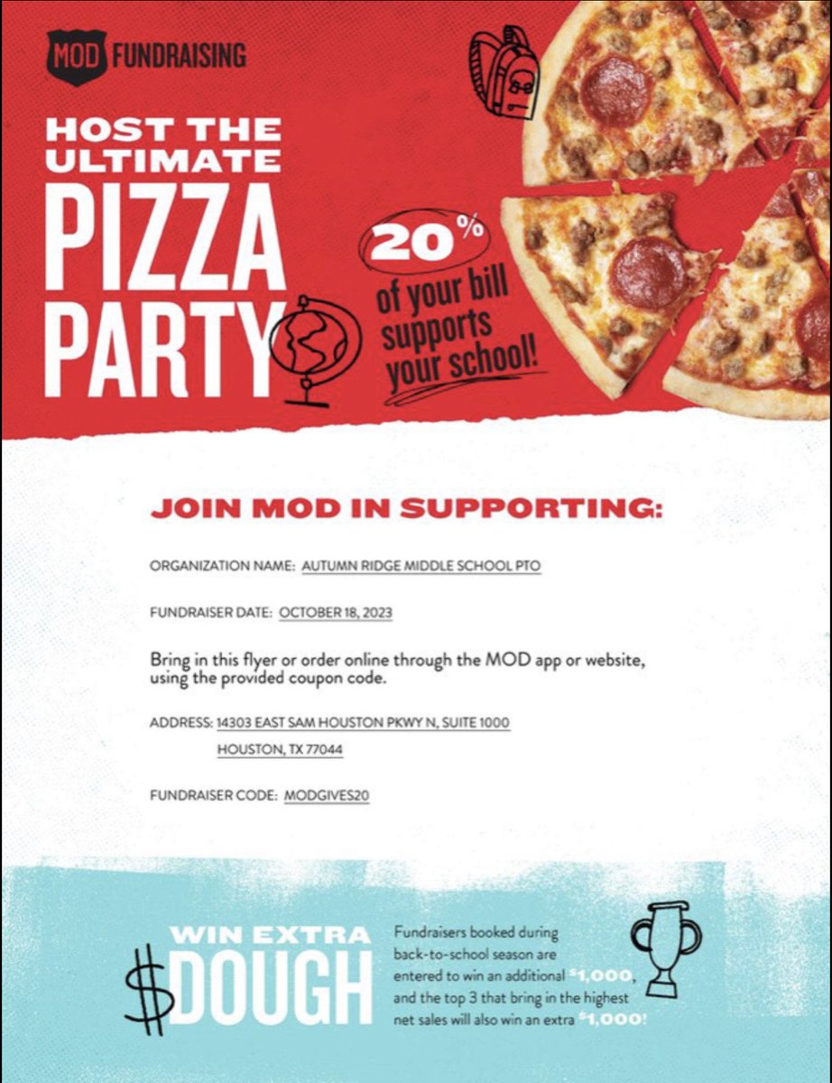 HumbleISD_ARMS's tweet photo. Join us in supporting Spirit Night! Order delicious MOD Pizza with fundraiser code MODGIVES20 and a portion of your purchase will go towards ARMS PTO. #Oct18 #SpiritNight #MakeADifference https://t.co/KOvMjlTWnb