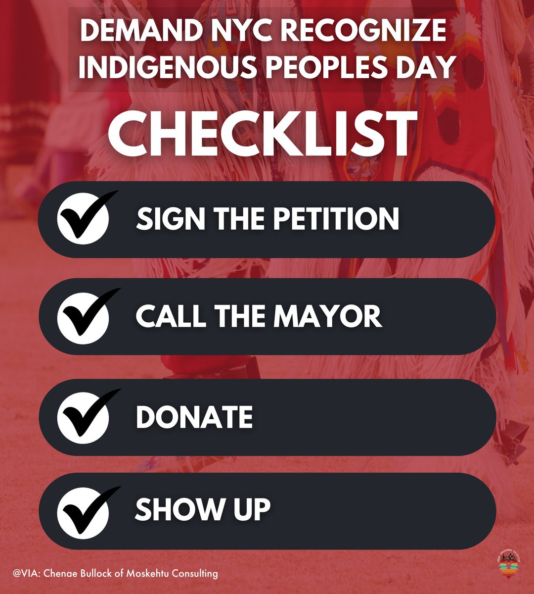 UICollective's tweet photo. Demand New York City recognize Indigenous Peoples Day!!

Checklist:
1) SIGN THE PETITION: Sign the petition in bio
2) CALL THE MAYOR: Use the script provided to call Mayor Adams 
3) DONATE: We need your support.
4) SHOW UP: Show up to IPD NYC! 

#IndigenousPeoplesDayNYC #IPDNYC https://t.co/VeQwCHwoqS