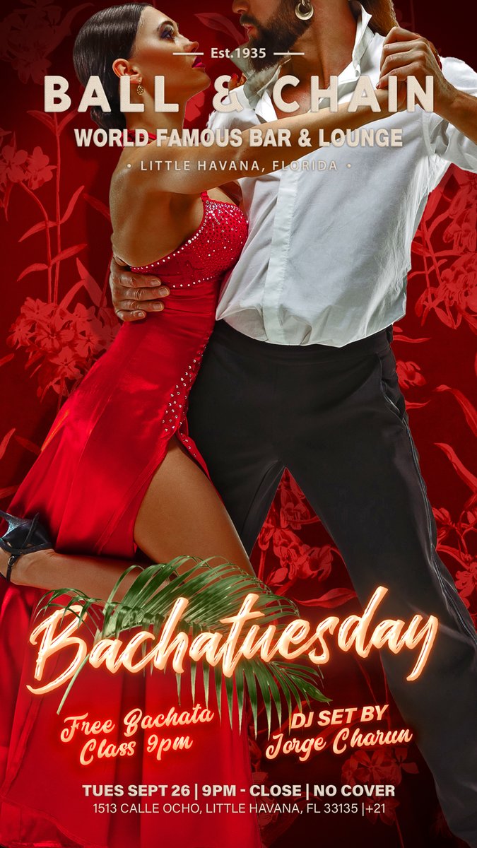 BallAndChainBar's tweet image. TODAY: #LiveSalsa NOW to 6 p.m., #LiveJazz 6 to 9, then #Bachatuesday with @DJJorgeCharun + a FREE #BachataClass, 9  

TOMORROW: #CarameloWednesday includes a FREE #SalsaClass!

#supportlocal ballandchainmiami.com
🍍💚