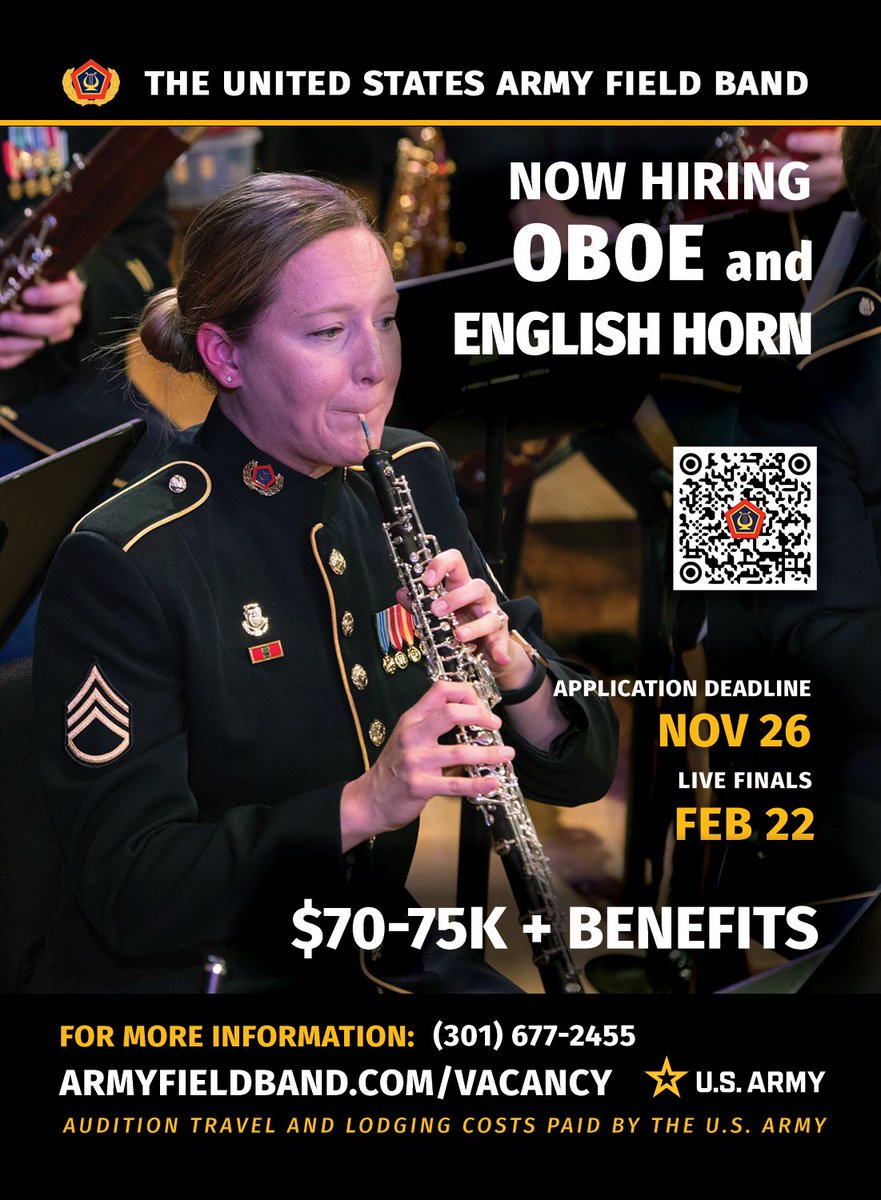 We have an oboe/English horn vacancy! The application deadline is coming up soon. More details below: armyfieldband.com/careers/oboe_v…