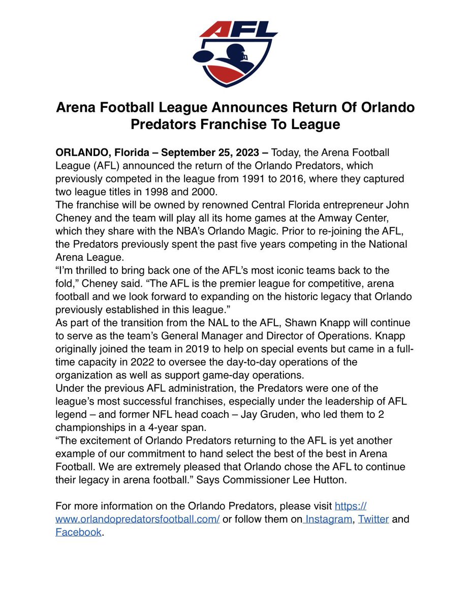 IndoorInsider's tweet photo. AFL Announces Return of Orlando Predators. #AFL #AFLNews #AFL2024 #AFLOrlando #OrlandoPredators https://t.co/4JvF2iUist