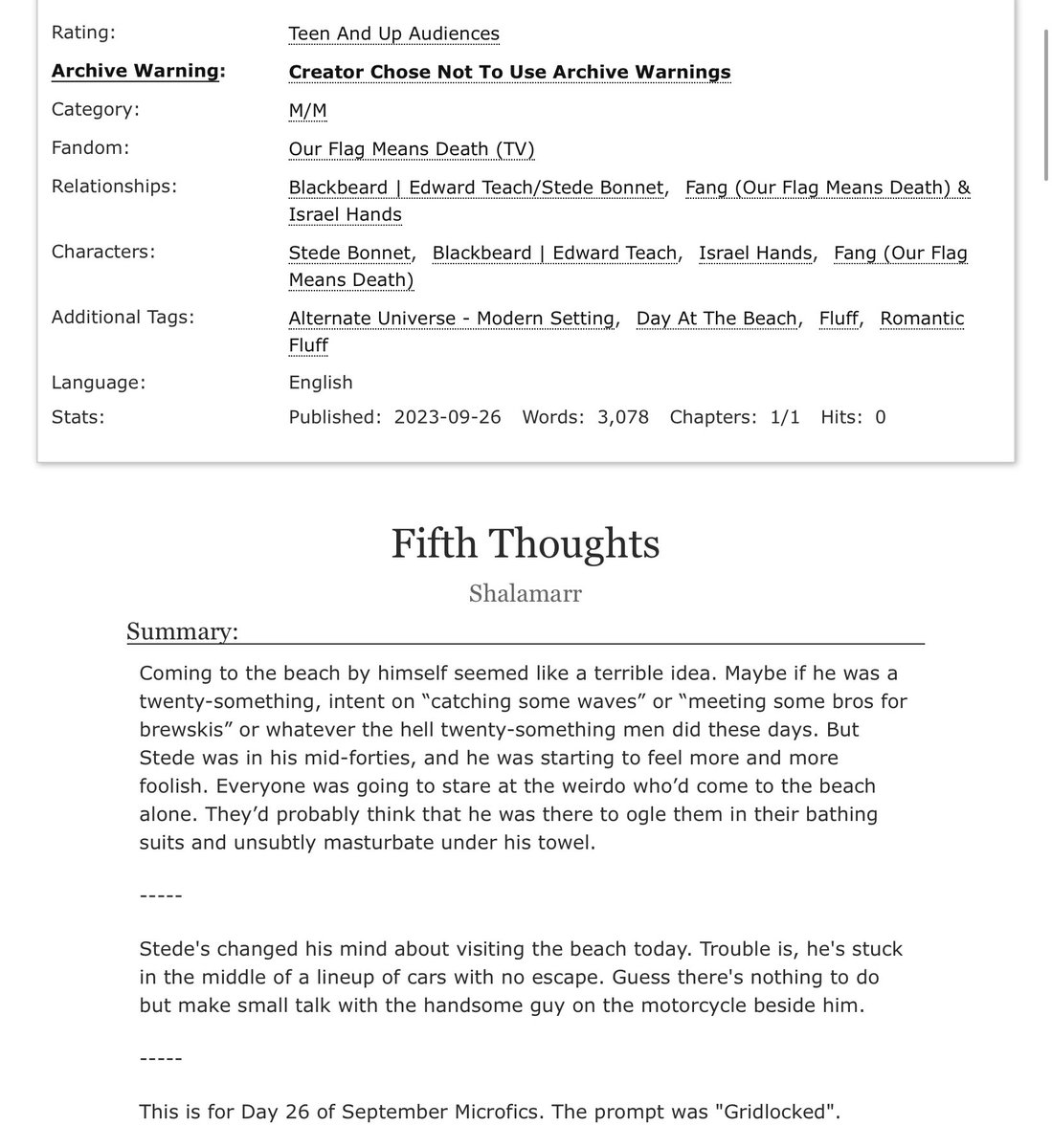 ShalamarrAO3's tweet photo. Here’s my entry for Day 26 - “Fifth Thoughts”:  https://t.co/7ZnJI07ZXh
@ofmdmicrofic https://t.co/y4HJIHAgQI