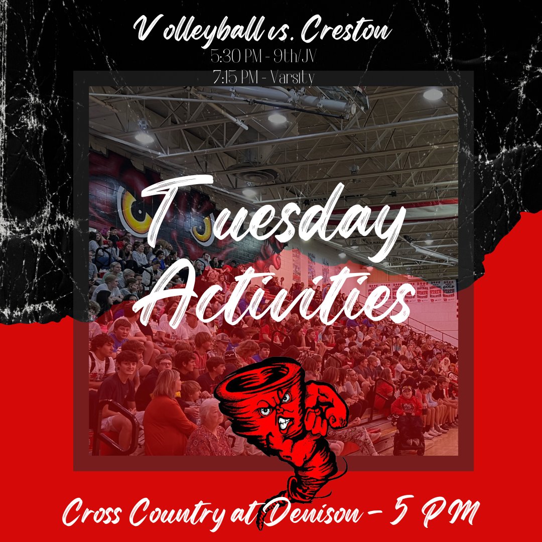 HCSDActivities's tweet photo. 🌪️HCSD Tuesday Activities🌪️

🏐 Harlan Community vs. Creston
📍 Harlan High School
⏰ Varsity at 7:15 PM

🏃 Cross Country - Denison Invite
📍 Majestic Hills Golf Course
⏰ 5 PM Girls/5:30 Boys https://t.co/Zsszdf5fZ3